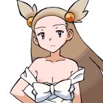  1girl aliasing brown_hair closed_mouth collarbone creatures_(company) dress female flat_chest forehead game_freak gomatarou_(pixiv196136) gym_leader hair_bobbles hair_ornament half-closed_eyes hand_on_hip long_hair looking_at_viewer mikan_(pokemon) nintendo nipple_slip nipples off_shoulder pokemon pokemon_(game) pokemon_gsc purple_eyes simple_background sleeveless sleeveless_dress solo tied_hair upper_body white_background white_dress 