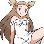  1girl aliasing arm_support brown_hair closed_mouth collarbone creatures_(company) dress female flat_chest forehead game_freak gomatarou_(pixiv196136) gym_leader hair_bobbles hair_ornament happy knee_up long_hair looking_at_viewer mikan_(pokemon) nintendo off_shoulder pokemon pokemon_(game) pokemon_gsc purple_eyes simple_background sitting sleeveless sleeveless_dress smile solo tied_hair white_background white_dress 