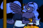  anthro anthrofied banana bed blue_hair cleavage clothed clothing cup equine female friendship_is_magic fruit green_eyes hair horn horse j5furry jerinov mammal my_little_pony pony princess_luna_(mlp) solo winged_unicorn wings 