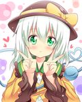  :&gt; :t double_v eyeball green_eyes heart heart_of_string highres komeiji_koishi long_hair looking_at_viewer md5_mismatch shinekalta silver_hair solo third_eye touhou upper_body v wide_sleeves 