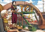  2boys black_hair chair cloud crowd day epaulettes fairlock_(suisei_no_gargantia) folded_ponytail glasses ladder mecha multiple_boys naruko_hanaharu official_art old_man ridget_(suisei_no_gargantia) science_fiction short_hair silver_hair suisei_no_gargantia uniform 