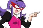  :d bangs battle_spirits battle_spirits:_shounen_toppa_bashin breasts domino_mask flipped_hair hairband hand_on_hip long_hair long_sleeves looking_to_the_side mask no_pupils open_mouth pointing puffy_long_sleeves puffy_sleeves purple_hair sagamimok sidelocks simple_background small_breasts smile solo suiren upper_body white_background 