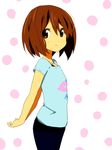  amano_kouki arms_behind_back brown_eyes brown_hair child denim flat_chest hirasawa_yui jeans k-on! lipstick_mark looking_at_viewer pants polka_dot profile short_hair short_sleeves smile solo younger 