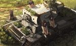  brown_hair caterpillar_tracks computer from_above grass ground_vehicle head_rest laptop military military_vehicle motor_vehicle multiple_girls old on_vehicle original overgrown panzerkampfwagen_iii school_uniform serafuku short_hair sitting sweater tank xiao_qiang_(overseas) 