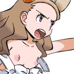  1girl aliasing arm_up blush brown_hair collarbone creatures_(company) dress embarrassed female flat_chest forehead game_freak gomatarou_(pixiv196136) gym_leader hair_bobbles hair_ornament light_blush long_hair mikan_(pokemon) nintendo nipple_slip nipples off_shoulder open_mouth outstretched_arm pokemon pokemon_(game) pokemon_gsc purple_eyes simple_background sleeveless sleeveless_dress solo tears teeth tied_hair white_background white_dress 