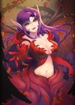  black_thorn_morgana breasts brown_hair cleavage dakun elbow_gloves fang gloves large_breasts league_of_legends long_hair morgana navel open_mouth pointy_ears purple_hair solo wings 