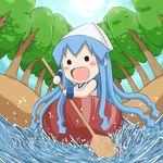  blue_hair boat chibi dress fisheye ikamusume issun-boushi long_hair mihune mini-ikamusume minigirl oar parody rowing shinryaku!_ikamusume tentacle_hair watercraft 
