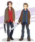  blue_eyes brown_eyes brown_hair dean_winchester gun jacket jewelry knife male_focus mimana multiple_boys necklace sam_winchester siblings supernatural_(tv_series) weapon 