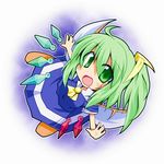  chibi daiyousei fairy_wings green_eyes green_hair hair_ribbon kunai ribbon side_ponytail solo touhou weapon wings yuuhi_alpha 