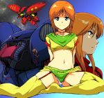  2girls arms_behind_back black_bodysuit blue_eyes bodysuit breasts choker closed_mouth collarbone commentary_request crotch crotch_seam elpeo_puru eyebrows_visible_through_hair garter_straps gundam gundam_zz halter_top halterneck invisible_chair jewelry mecha midriff multiple_girls navel orange_hair panties pilot_suit puru_two short_hair short_sleeves sidelocks sitting skirt small_breasts smile space spread_legs star thighhighs underwear yellow_legwear yuya zettai_ryouiki 