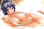 blue_hair blush breasts brown_eyes cameltoe curvy highres huge_breasts idolmaster idolmaster_million_live! igarasy looking_at_viewer lying navel on_side parted_lips short_hair slingshot_swimsuit solo swimsuit toyokawa_fuuka wet wide_hips widescreen 