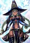  bare_midriff belt blade blue_eyes braid breasts cardfight!!_vanguard cleavage dark_skin glasses gloves hat long_hair looking_at_viewer moonlight_witch_vaha pointy_ears shadow_paladin star stars thighhighs twintails weapon white_hair witch_hat 