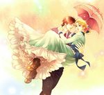  1girl blonde_hair blue_eyes brown_hair carrying couple dress erina_pendleton formal hair_bun hetero jojo_no_kimyou_na_bouken jonathan_joestar oyatsu_itsu parasol petticoat phantom_blood princess_carry suit umbrella 