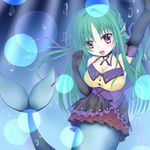  1girl bermuda_triangle breasts cardfight!!_vanguard cleavage gloves green_hair large_breasts lolita_fashion long_hair looking_at_viewer mermaid monster_girl pleated_skirt prism_smile_liguria purple_eyes skirt solo 