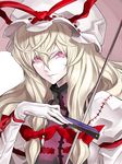  bad_id bad_pixiv_id banned_artist blonde_hair closed_fan fan folding_fan gloves hair_ribbon hat hat_ribbon kozou_(soumuden) looking_at_viewer parasol pink_eyes puffy_sleeves ribbon smirk solo touhou tress_ribbon umbrella upper_body white_gloves wrist_ribbon yakumo_yukari 