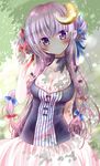  alternate_costume blush breasts choker cleavage crescent crescent_hair_ornament dress hair_ornament hair_ribbon head_tilt highres long_hair medium_breasts patchouli_knowledge purple_eyes purple_hair ribbon seidou_(tukinomiyako) smile solo touhou 