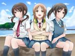  :d anime_location bad_id bad_pixiv_id beach black_hair brown_hair cloud day enoshima girl_sandwich headphones legs long_hair looking_at_viewer miro_(katsushikashibamata) miyamoto_konatsu multiple_girls necktie ocean okita_sawa open_mouth orange_eyes outdoors sakai_wakana sandwiched school_uniform short_hair sitting sky smile tari_tari thighhighs water 