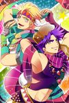  blonde_hair bracelet caesar_anthonio_zeppeli crop_top facial_mark feathers fingerless_gloves gloves green_eyes green_jacket hair_feathers hat headband hikage_sumihito jacket jewelry jojo_no_kimyou_na_bouken joseph_joestar_(young) midriff multiple_boys necklace purple_hair red_stone_of_aja scarf 