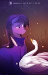  antiander avian beak bird black_hair blush equine feather feral firefly hair hi_res horse long_hair looking_down looking_up male mammal my_little_pony outside pony purple_eyes purple_skin scarf sky smile stars swan white_feathers wings 