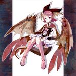  bahamut_(zettai_bouei_leviathan) boots bow dragon_girl dragon_tail dragon_wings hat head_wings monster_girl navel nyannyan-shion pink_footwear pink_hair red_eyes short_hair solo tail wings zettai_bouei_leviathan 
