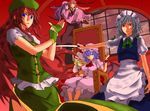  adjusting_clothes adjusting_gloves apron arm_grab arm_rest bad_id bad_pixiv_id bat_wings blonde_hair blue_eyes blue_hair bow braid carrying ceiling derivative_work fingerless_gloves flandre_scarlet flying frown gloves hair_bow hat head_wings highres himeco hong_meiling izayoi_sakuya knife koakuma light_smile long_hair looking_at_viewer maid_headdress mob_cap multiple_girls necktie outstretched_arm parted_lips patchouli_knowledge princess_carry puffy_short_sleeves puffy_sleeves purple_hair purple_sky red_eyes red_hair remilia_scarlet short_hair short_sleeves silver_hair skirt skirt_set sleeping throne toromera touhou twin_braids vest waist_apron window wings wrist_cuffs 