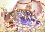  animal_ears blonde_hair blue_eyes brown_eyes brown_hair cat_ears chen dress dress_lift fang fangs field flower flower_field fox_ears fox_tail hat hat_ribbon highres multiple_girls ribbon shihou_(g-o-s) tail touhou umbrella yakumo_ran yakumo_yukari yellow_eyes 