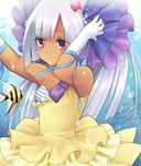  1girl bermuda_triangle bra_slip bubble bubbles cardfight!!_vanguard dark_skin dress fish frills gloves hair_ornament long_hair mermaid monster_girl prism_promise_leyte red_eyes ribbon solo tan white_hair 