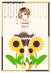  absurdres bad_id bad_pixiv_id bare_shoulders bike_shorts boots brown_hair dress flower hair_flower hair_ornament highres jewelry looking_at_viewer necklace original red_eyes sleeveless sleeveless_dress sunflower umxzo wristband 