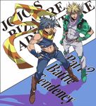  abs black_hair blonde_hair caesar_anthonio_zeppeli crop_top facial_mark fingerless_gloves gloves green_jacket groin head_wings headband jacket jojo_no_kimyou_na_bouken joseph_joestar_(young) midriff multiple_boys scarf twistxx 