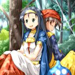  1girl back-to-back brown_hair closed_eyes day dragon_quest dragon_quest_viii forest green_eyes hero_(dq8) long_hair medea nature open_mouth outdoors ruu_(tksymkw) short_hair slime_(dragon_quest) 