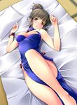  animated animated_png blue_dress blush breasts brown_eyes brown_hair china_dress chinese_clothes cleavage cleavage_cutout derivative_work dress hair_bun hanasaku_iroha kaze_(kazesan) large_breasts looking_at_viewer lying matatabi_(2ccp) on_back open_mouth oshimizu_nako short_hair solo 