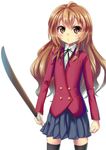  aisaka_taiga bokken brown_eyes brown_hair highres konkito long_hair school_uniform sword thighhighs toradora! weapon wooden_sword 