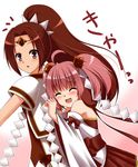  2girls blush cardfight!!_vanguard detached_sleeves gem happy japanese_clothes kimono little_witch_lulu long_hair multiple_girls oracle_think_tank pink_eyes ponytail red_hair ribbon scarlet_witch_coco sleeveless twintails 