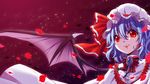  bat_wings brooch hat highres jewelry lips petals purple_hair red_eyes remilia_scarlet short_hair smile solo touhou upper_body wings yui_(daijun) 