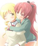  blonde_hair blush drill_hair hair_ribbon hug hug_from_behind long_hair mahou_shoujo_madoka_magica multiple_girls one_eye_closed ponytail ran_(9ens2000) red_eyes red_hair ribbon sakura_kyouko school_uniform smile tomoe_mami white_background yellow_eyes 