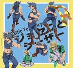  abs ass black_hair blonde_hair boots caesar_anthonio_zeppeli crop_top facial_mark feathers fingerless_gloves gloves green_eyes green_jacket hair_feathers head_wings headband jacket jojo_no_kimyou_na_bouken joseph_joestar_(young) male_focus midriff multiple_boys muscle pose scarf sitting twistxx 