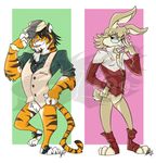  bottomless clothing eyewear feline glasses hat invalid_tag jacket lagomorph madhattermonster male necktie rabbit shirt star tiger tiger_and_bunny toeless_socks vest 