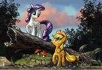  applejack_(mlp) blonde_hair blue_eyes cloud cowboy_hat cutie_mark duo equine female feral freckles friendship_is_magic grass green_eyes hair harwick hat horn horse log mammal mud mushroom my_little_pony outside pony purple_hair rarity_(mlp) rock sky tree unicorn wood 