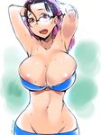  :o areola_slip areolae armpits arms_up black_hair breasts cleavage curvy glasses groin highres huge_breasts ojo_(dfreak) open_mouth original red_eyes short_hair solo sweat towel wide_hips 