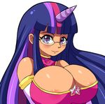  1girl areola_slip areolae blush breasts cleavage cleavage_cutout glasses huge_breasts large_breasts long_hair mato_spectoru matospectoru multicolored_hair my_little_pony my_little_pony_friendship_is_magic personification purple_eyes purple_hair solo twilight_sparkle 