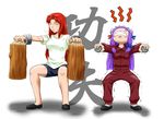  breasts closed_eyes exercise flats hat hong_meiling large_breasts log long_hair multiple_girls no_hat no_headwear patchouli_knowledge purple_hair red_hair shirt shorts socks squatting stone t-shirt taikyokuturugi touhou track_suit translated trembling 