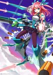  :d armor beam black_legwear blue_eyes blush crystal_gate energy fatkewell floating flying full_body funnels gun headgear looking_at_viewer machinery mecha_musume missile open_mouth pantyhose pink_hair rifle skirt sky smile weapon 
