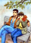  abe_takakazu bench bomber_jacket can coat crossed_legs denim ichikawa_(chi6bee) jacket jeans jumpsuit kuso_miso_technique michishita_masaki multiple_boys pants scarf sitting traditional_media watercolor_(medium) 