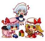  3girls ? apron ascot bat_wings blonde_hair blue_hair bow braid building_block chibi flandre_scarlet hand_on_own_face hat hat_ribbon izayoi_sakuya kneeling maid_headdress mashiro_kiichi mob_cap multiple_girls o3o o_o open_mouth outline puffy_short_sleeves puffy_sleeves red_eyes remilia_scarlet ribbon short_sleeves side_ponytail silver_hair simple_background sitting skirt skirt_set stuffed_animal stuffed_toy sweatdrop teddy_bear touhou toy_car twin_braids waist_apron white_background wings 