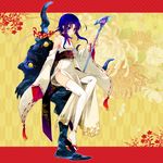  bad_id bad_pixiv_id bare_shoulders blue_eyes detached_sleeves gradient_hair miyu_(matsunohara) multicolored_hair pixiv_fantasia pixiv_fantasia_new_world purple_hair robe sandals sitting solo staff thighhighs 