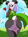  apple bear big_butt black_fur black_nose blush butt clothed clothing dress female fruit fur green_eyes hair leaf ling_fei long_hair looking_at_viewer looking_back mammal outside panda panties sky solo thick_thighs thighs tiger1001 tree underwear white_fur white_hair 