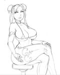  bikini breasts bridal_gauntlets bun_cover chun-li cleavage crossed_legs curvy double_bun earrings greyscale huge_breasts jewelry lineart lips lm_(legoman) micro_bikini monochrome sitting sketch skindentation solo street_fighter swimsuit thick_thighs thighhighs thighs wide_hips 