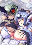  2girls android armor blue_eyes blue_hair blush breast_grab breasts grabbing highres huge_breasts kinokoutarou kos-mos long_hair looking_at_viewer multiple_girls red_eyes shiny shiny_skin smile t-elos underboob xenosaga xenosaga_episode_iii yuri zoom_layer 