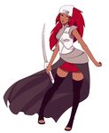  1girl artist_name black_legwear dark_skin earrings jewelry karui kumogakure_symbol long_hair naruto naruto_shippuuden red_hair solo standing sword thighhighs weapon yellow_eyes yuvayavi 