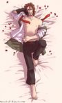  barefoot brown_eyes brown_hair dakimakura facial_hair fate/apocrypha fate_(series) full_body gloves goatee male_focus mustache open_clothes open_shirt petals servant_of_fate shirt solo watermark web_address william_shakespeare_(fate) 